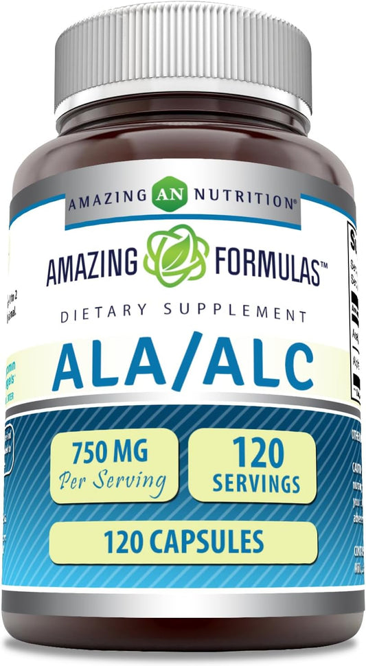 High-Quality ALA/ALC (Alpha Lipoic Acid/Acetyl L-Carnitine) Supplement | 750mg Per Serving | 120 Capsules | Non-GMO & Gluten-Free | Made in USA by Amazing Nutrition