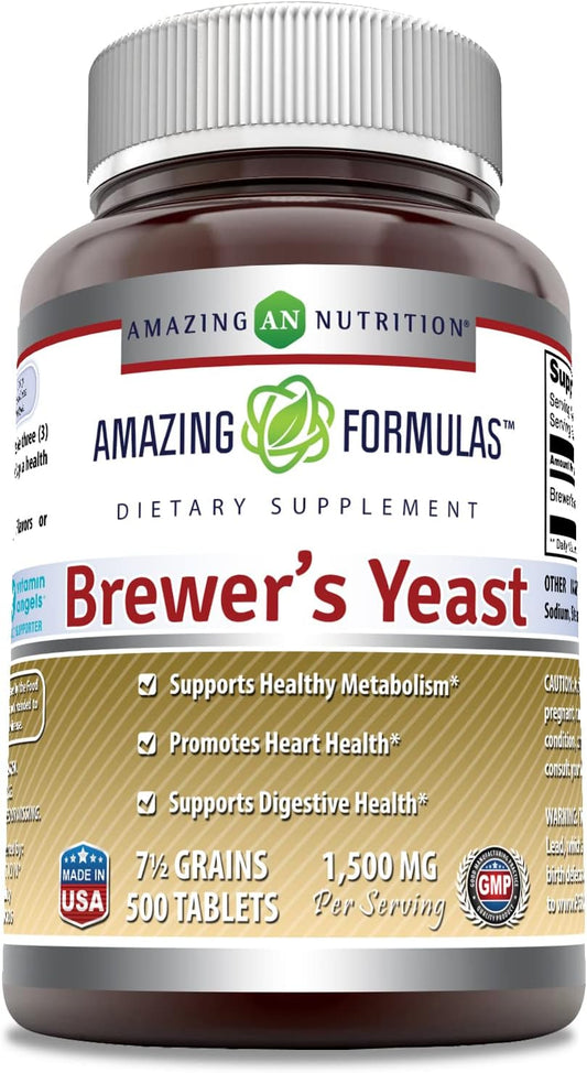 High-Quality Amazing Nutrition Brewers Yeast Supplement 1500mg 500 Tablets | Non-GMO, Gluten Free, Made in USA