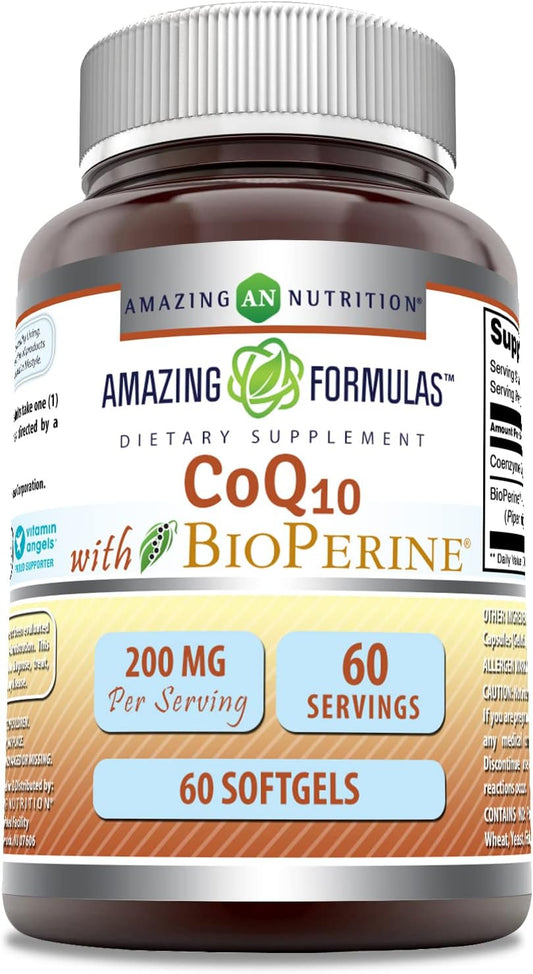 High-Quality Amazing Nutrition CoQ10 with Bioperine Softgels | 200 Mg, 60 Count | Non-GMO, Gluten-Free, Made in USA