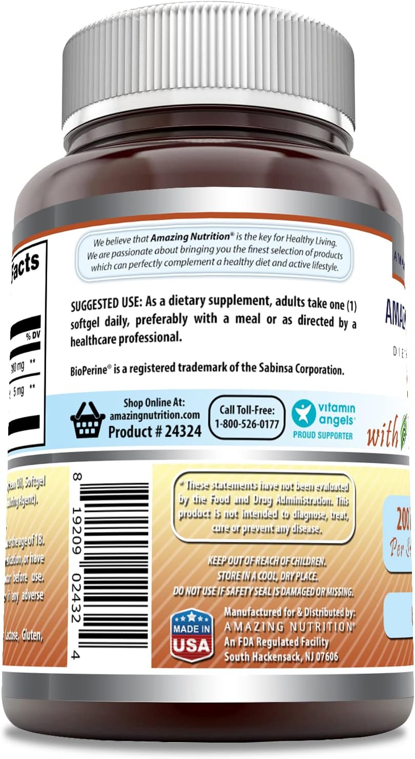 High-Quality Amazing Nutrition CoQ10 with Bioperine Softgels | 200 Mg, 60 Count | Non-GMO, Gluten-Free, Made in USA