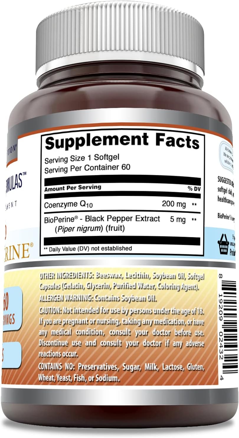High-Quality Amazing Nutrition CoQ10 with Bioperine Softgels | 200 Mg, 60 Count | Non-GMO, Gluten-Free, Made in USA