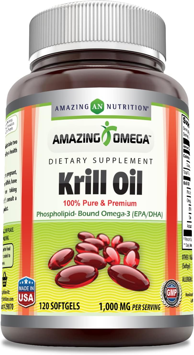 High-Quality Amazing Omega Krill Oil Supplement with EPA, DHA, Phospholipids, Astaxanthin - 1000 Mg, 120 Softgels - Non-GMO, Gluten Free