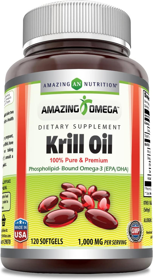 High-Quality Amazing Omega Krill Oil Supplement with EPA, DHA, Phospholipids, Astaxanthin - 1000 Mg, 120 Softgels - Non-GMO, Gluten Free