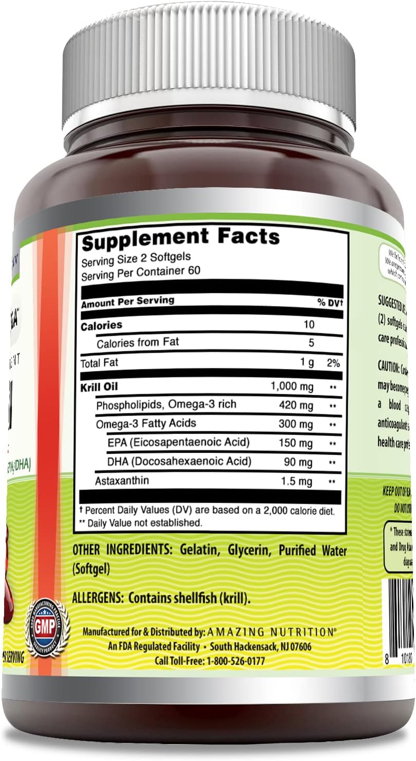 High-Quality Amazing Omega Krill Oil Supplement with EPA, DHA, Phospholipids, Astaxanthin - 1000 Mg, 120 Softgels - Non-GMO, Gluten Free