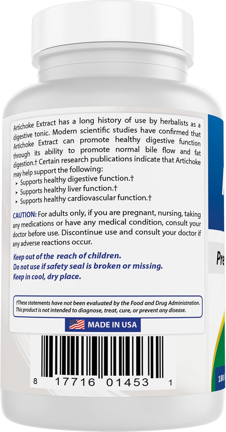High-Quality Artichoke Extract 1000 mg - 180 Capsules - Certified by 3rd Party Lab Testing
