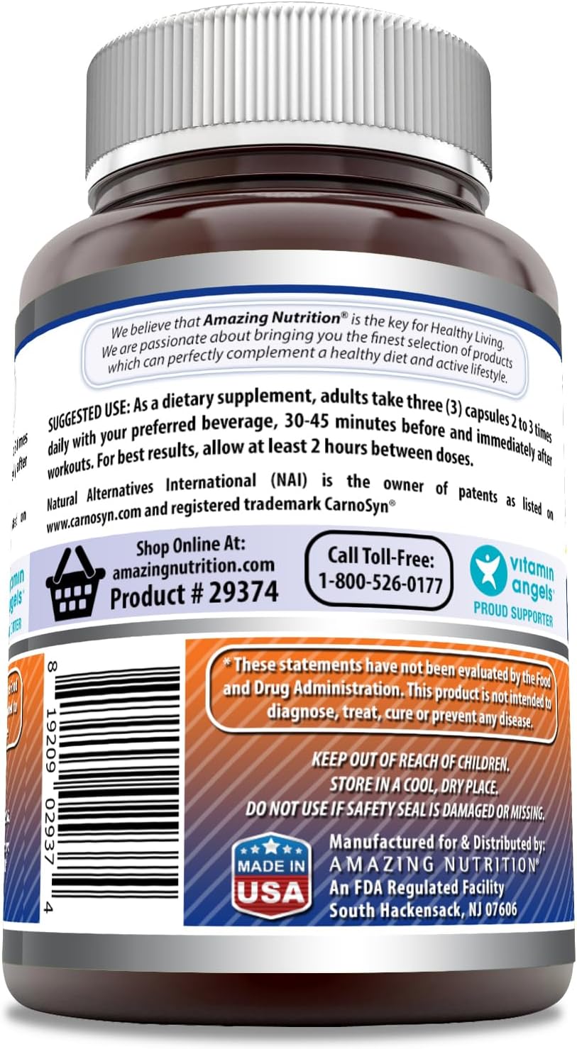 High-Quality Beta Alanine Supplement | 2250 Mg Per Serving | 120 Capsules | Non-GMO | Gluten-Free | Made in USA by Amazing Nutrition