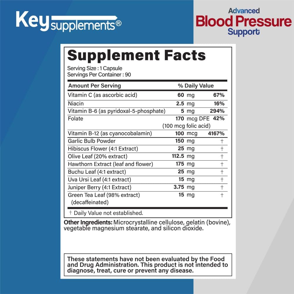High-Quality Blood Pressure Support Supplement with Niacin, Vitamin C, B6, B12, Garlic, Hibiscus, Olive Leaf - 90 Capsules