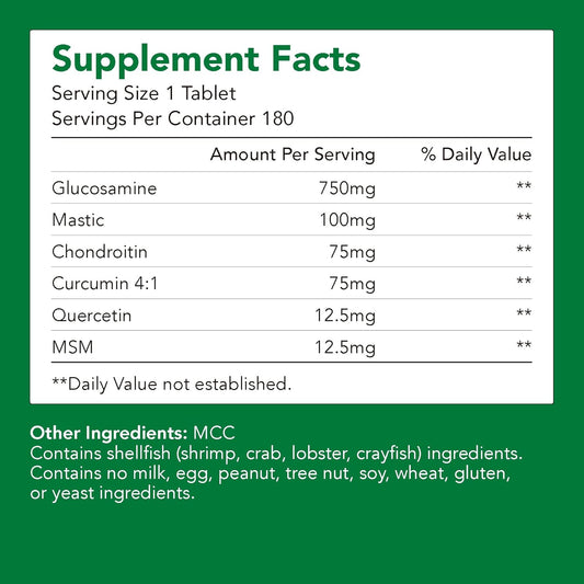 High-Quality Bone and Joint Health Supplement with Glucosamine, Chondroitin, MSM, Mastic, and Curcumin - 750mg - 180 Capsules - Non-GMO, Gluten Free - 6 Month Supply
