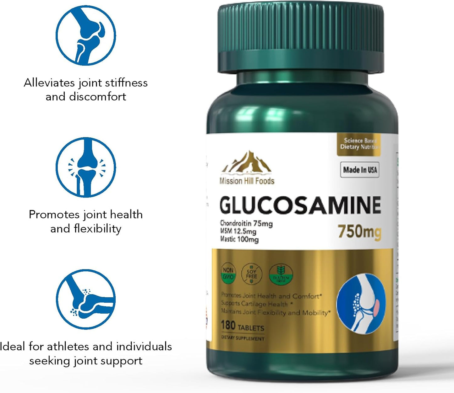 High-Quality Bone and Joint Health Supplement with Glucosamine, Chondroitin, MSM, Mastic, and Curcumin - 750mg - 180 Capsules - Non-GMO, Gluten Free - 6 Month Supply