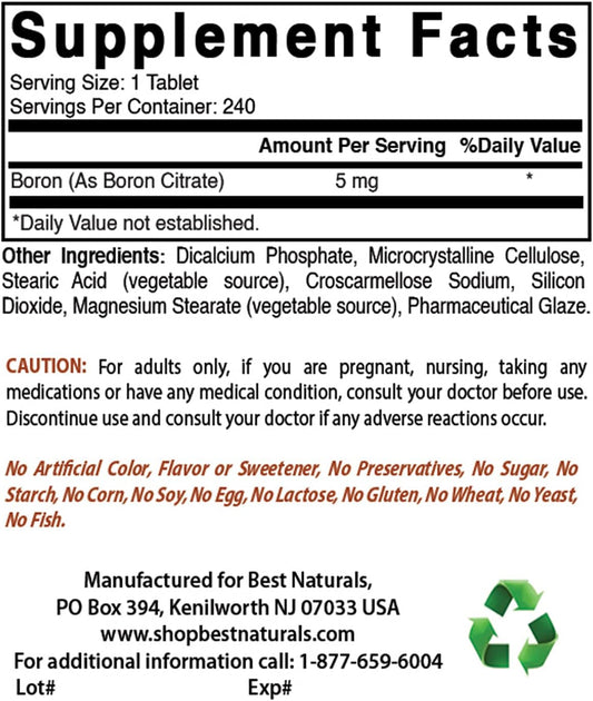 High Quality Boron and Zinc Citrate Supplement - 5 mg Boron & 30 mg Zinc for Optimal Health