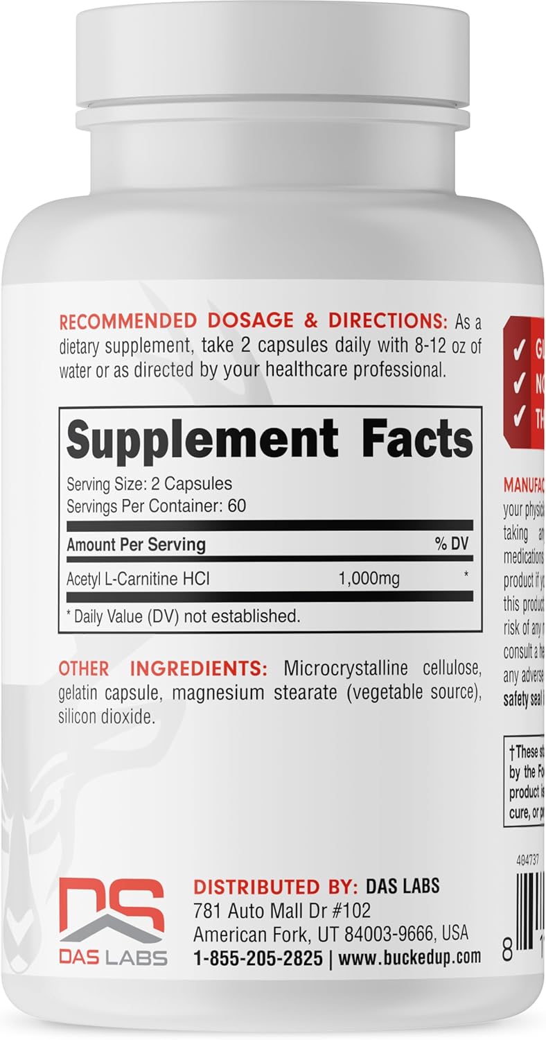 High-Quality Bucked Up Acetyl L-Carnitine Capsules - 1000mg Per Serving for Brain Function - 60 Servings, 120 Capsules