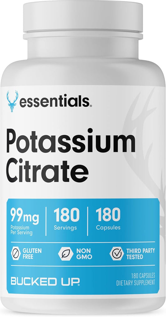 High-Quality Bucked Up Essentials Potassium Citrate Supplement - 99mg Per Serving (180 Capsules)