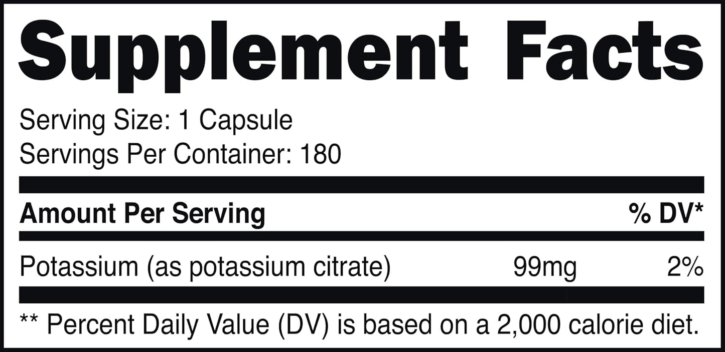 High-Quality Bucked Up Essentials Potassium Citrate Supplement - 99mg Per Serving (180 Capsules)