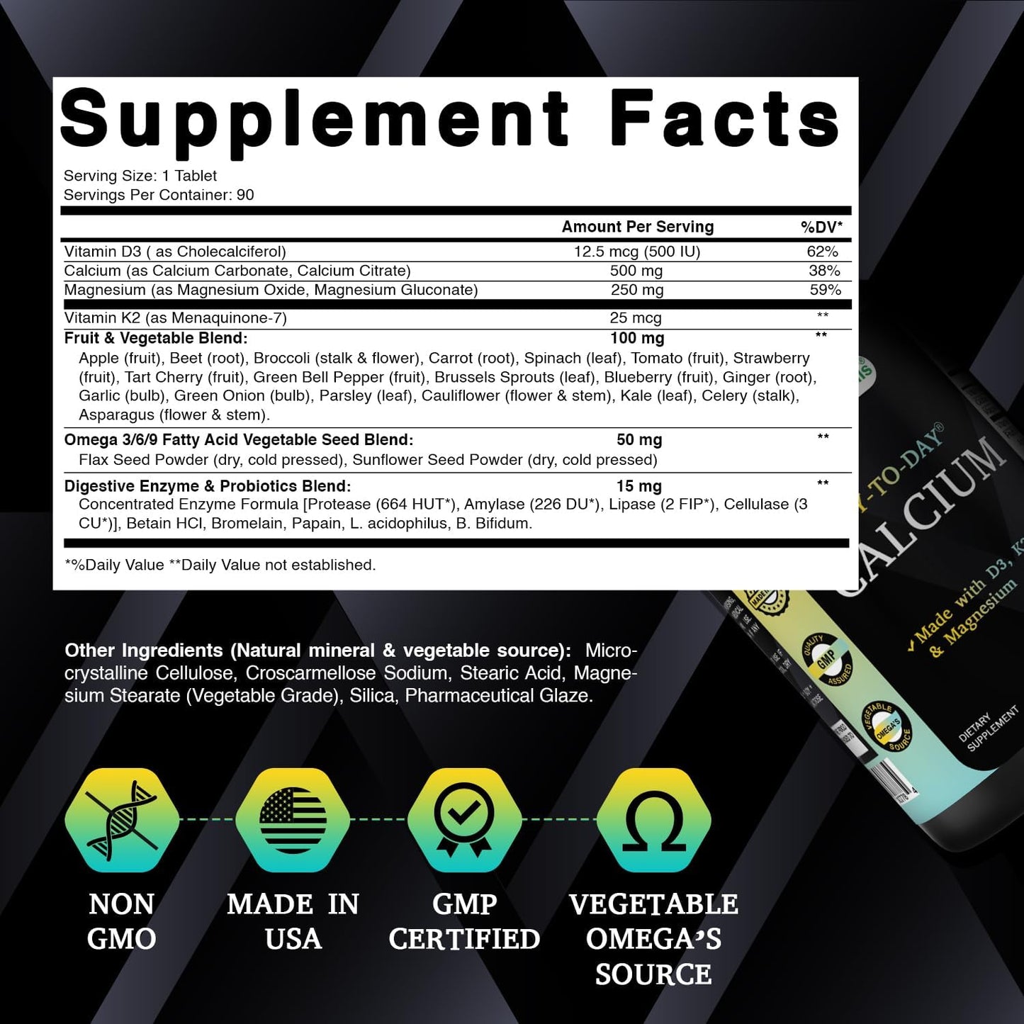 High Quality Calcium Supplement with Vitamin D3, K2, Magnesium - 90 Tablets with Digestive Enzymes, Probiotics, and Omega Blend for Optimal Absorption