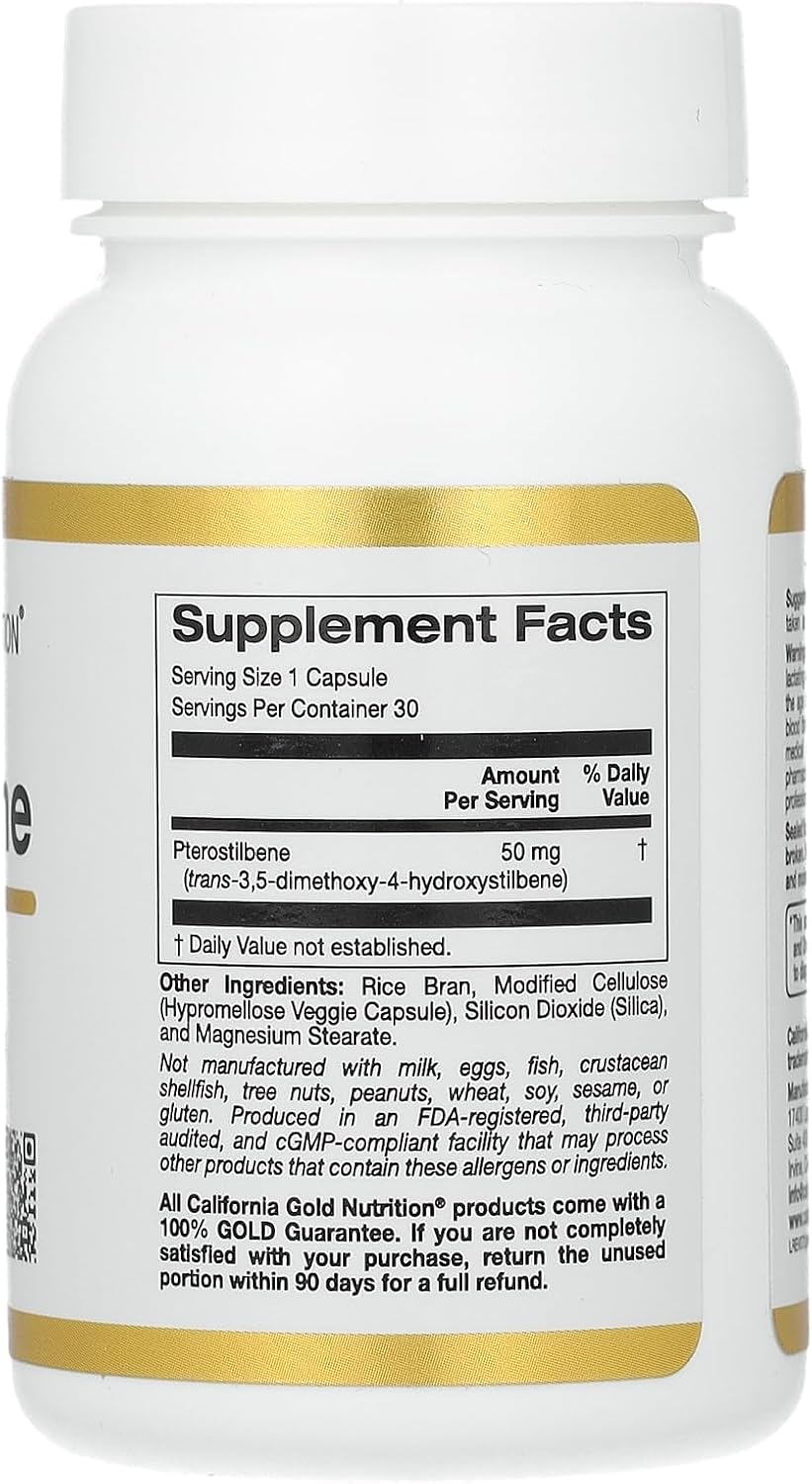High-Quality California Gold Nutrition Pterostilbene Supplement - 50mg, 30 Vegetable Capsules