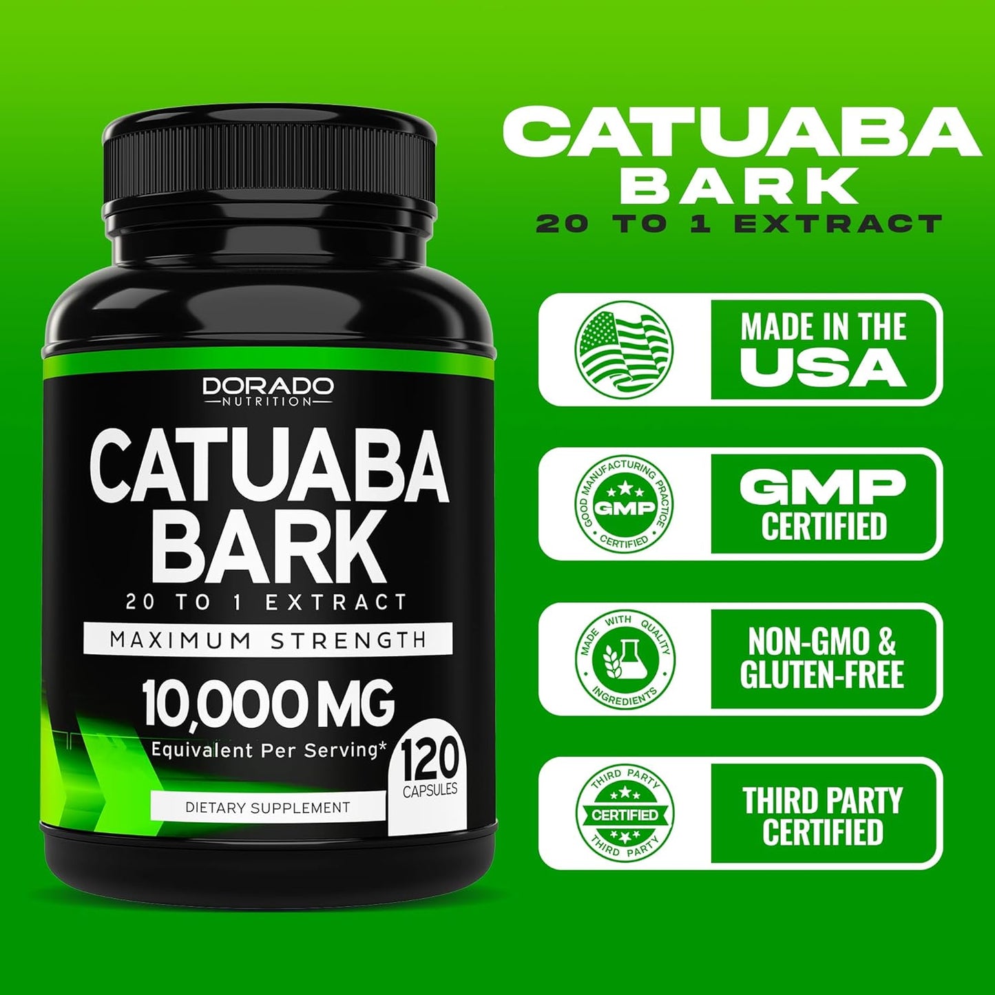 High-Quality Catuaba Bark Extract Capsules for Drive and Stamina - 120 Capsules - USA Made - Gluten-Free & Vegan - Third Party Tested Supplement for Men & Women