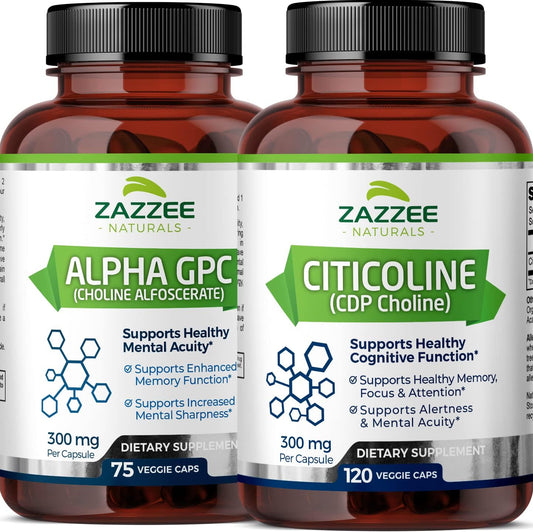 High-Quality Citicoline and Alpha GPC Choline Capsules by Zazzee - Cognitive Support Supplement for Focus and Memory Boost