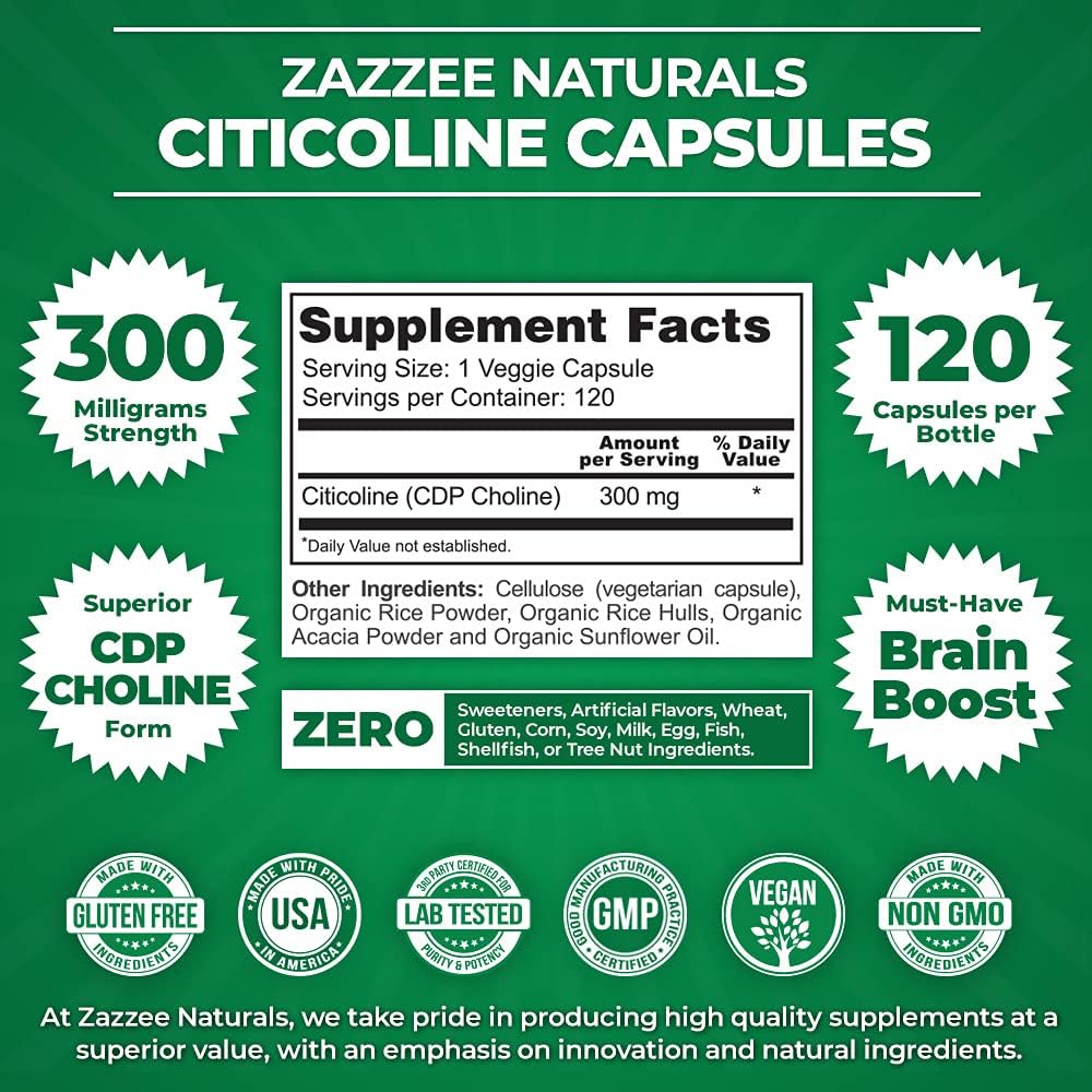High-Quality Citicoline and Alpha GPC Choline Capsules by Zazzee - Cognitive Support Supplement for Focus and Memory Boost