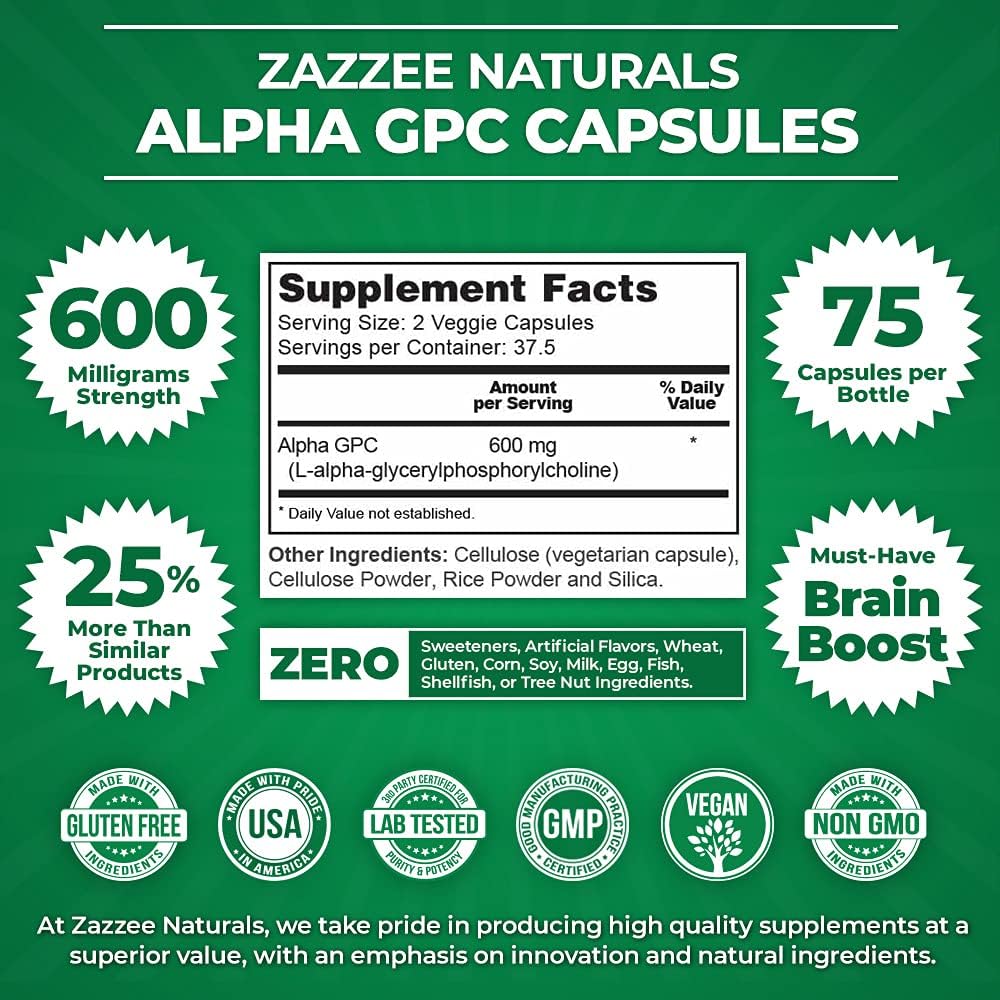 High-Quality Citicoline and Alpha GPC Choline Capsules by Zazzee - Cognitive Support Supplement for Focus and Memory Boost