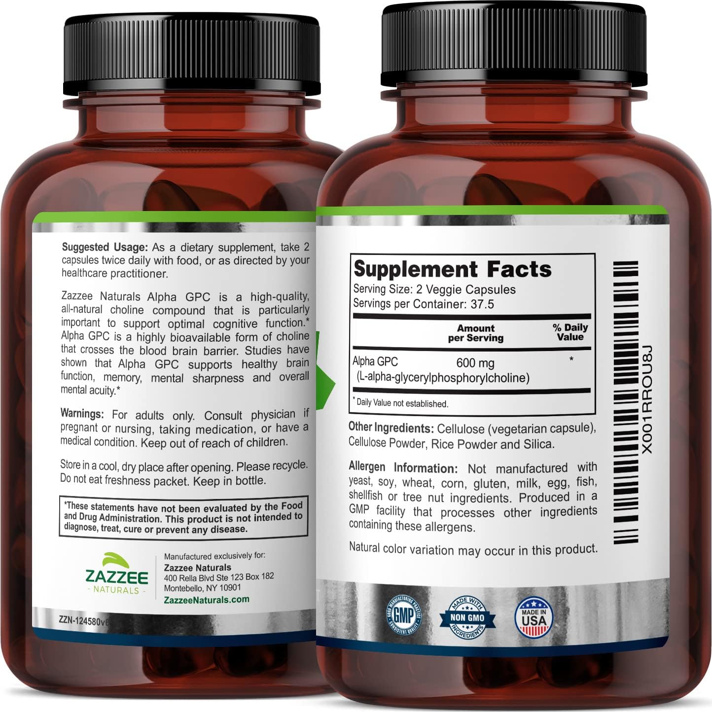 High-Quality Citicoline and Alpha GPC Choline Capsules by Zazzee - Cognitive Support Supplement for Focus and Memory Boost