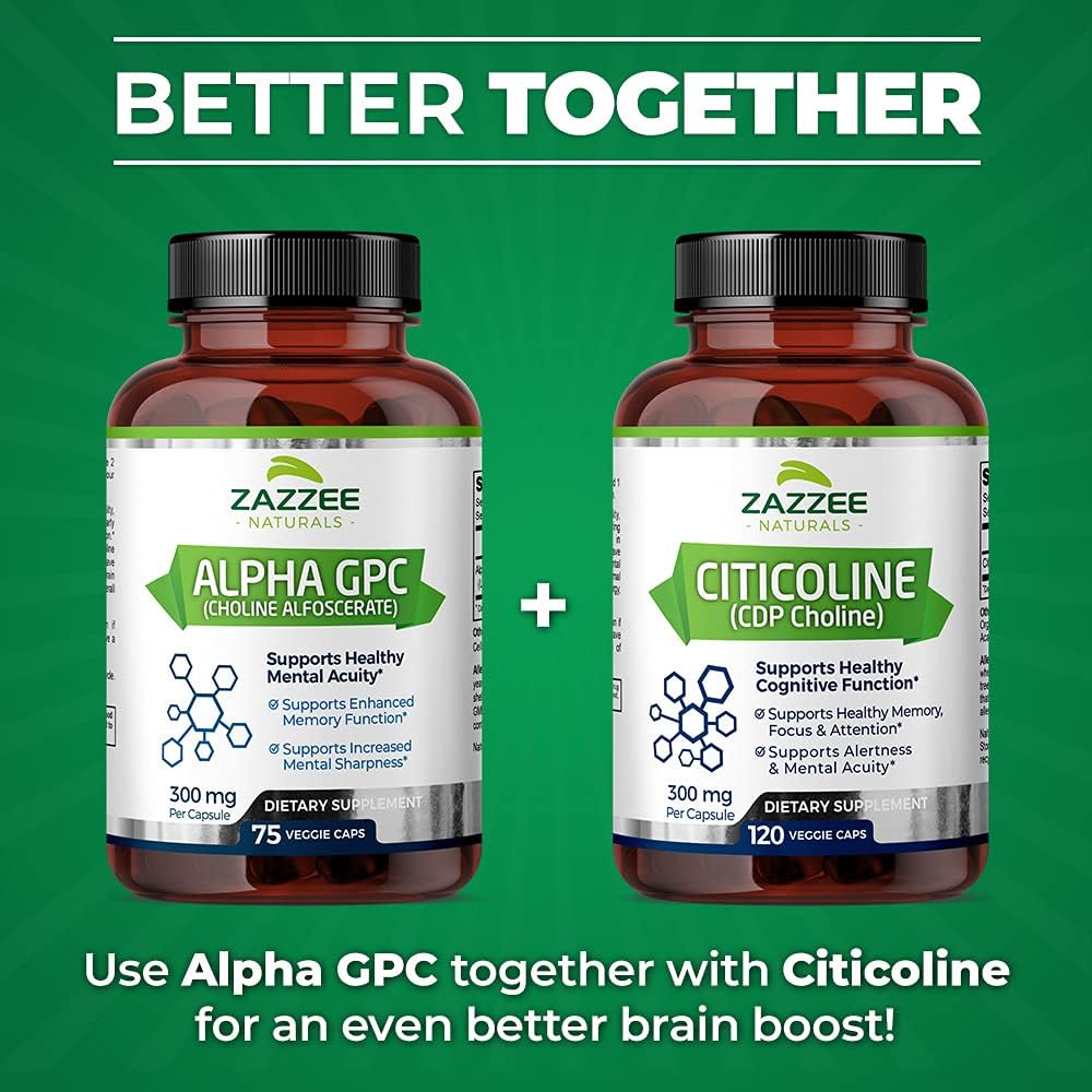 High-Quality Citicoline and Alpha GPC Choline Capsules by Zazzee - Cognitive Support Supplement for Focus and Memory Boost
