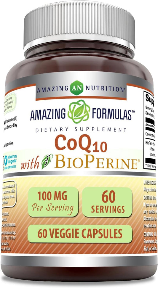 High Quality CoQ10 with Bioperine | 100mg Per Serving | 60 Veggie Capsules | Non-GMO | Gluten Free | Made in USA by Amazing Nutrition