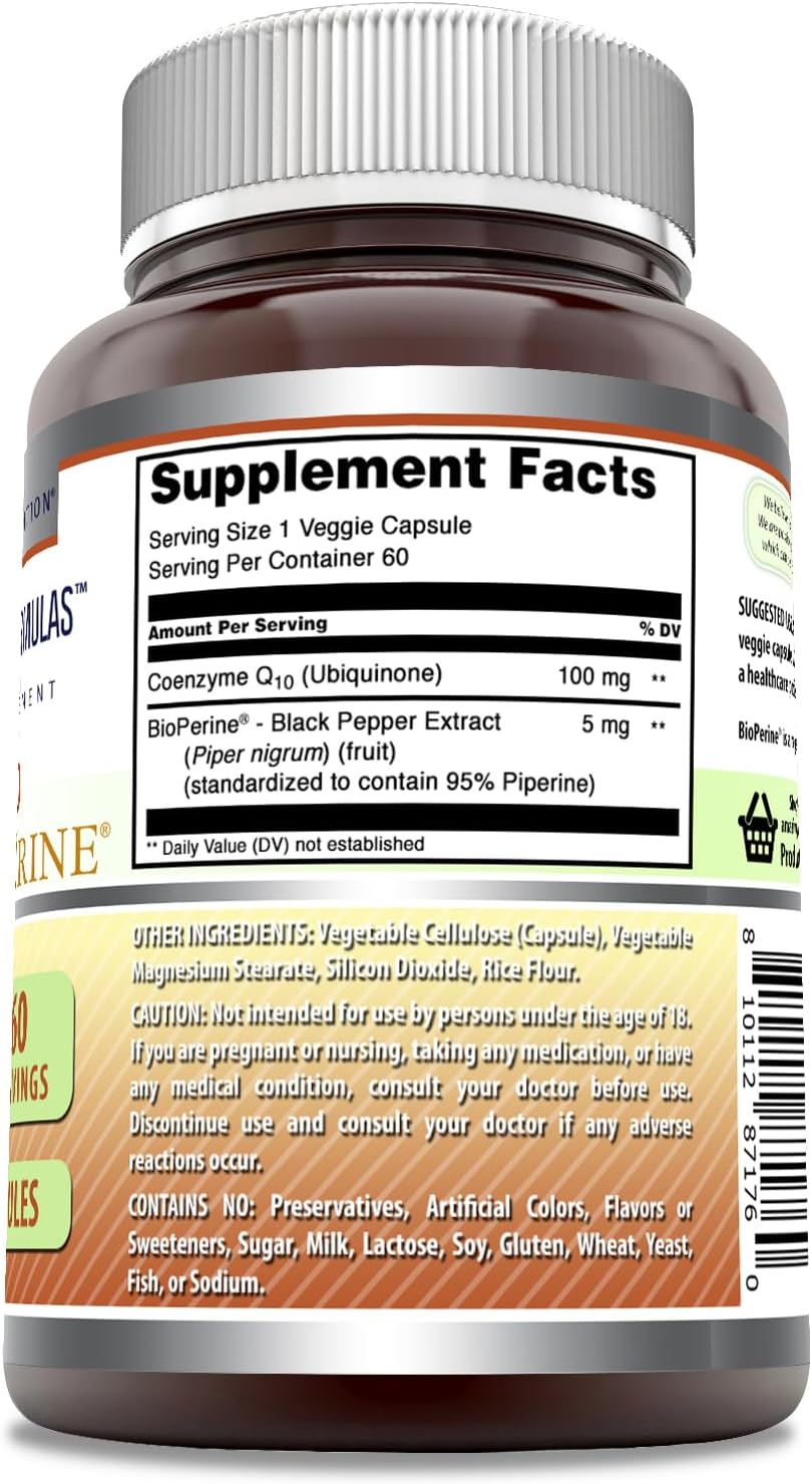 High Quality CoQ10 with Bioperine | 100mg Per Serving | 60 Veggie Capsules | Non-GMO | Gluten Free | Made in USA by Amazing Nutrition