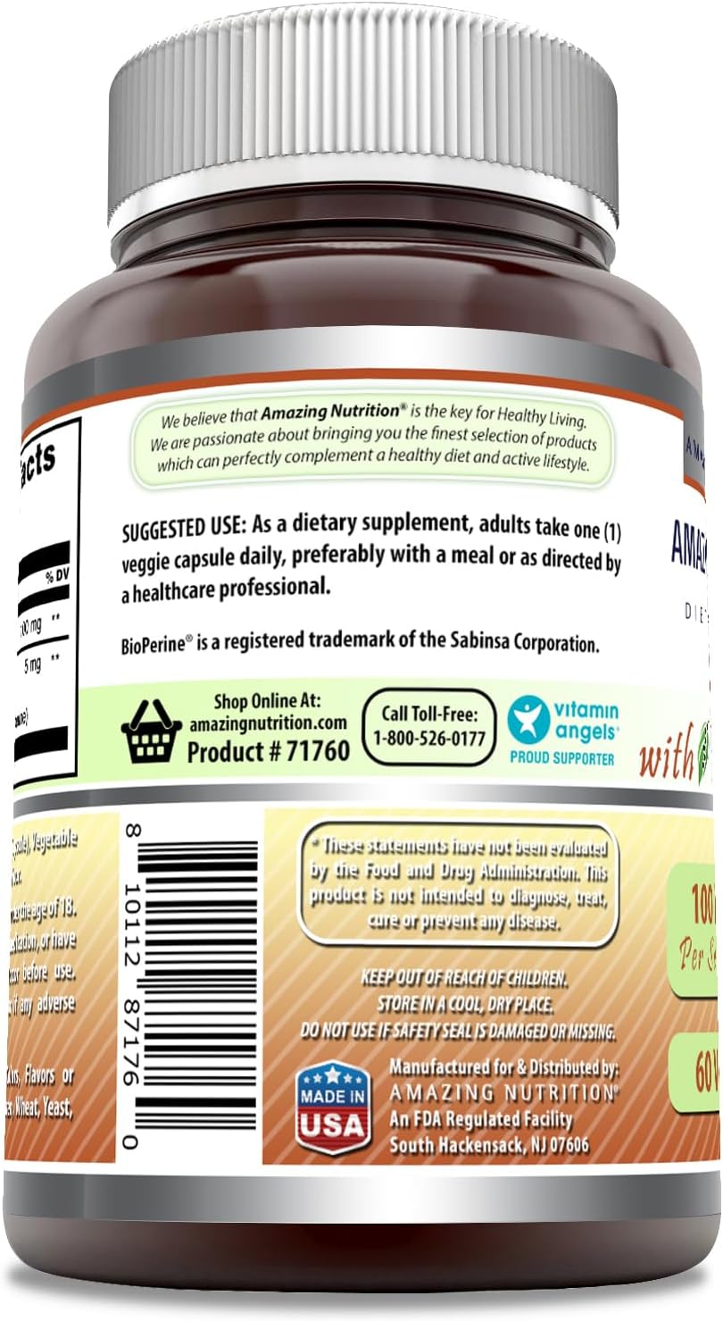 High Quality CoQ10 with Bioperine | 100mg Per Serving | 60 Veggie Capsules | Non-GMO | Gluten Free | Made in USA by Amazing Nutrition