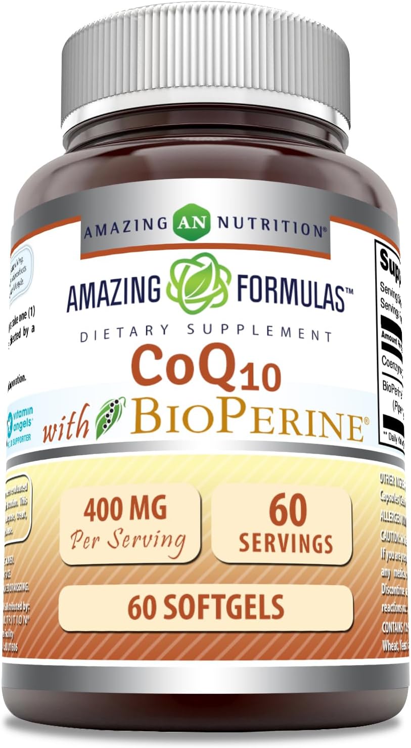 High-Quality CoQ10 with Bioperine Supplement - 400 Mg Per Serving - 60 Softgels - Non-GMO & Gluten Free - Made in USA by Amazing Nutrition