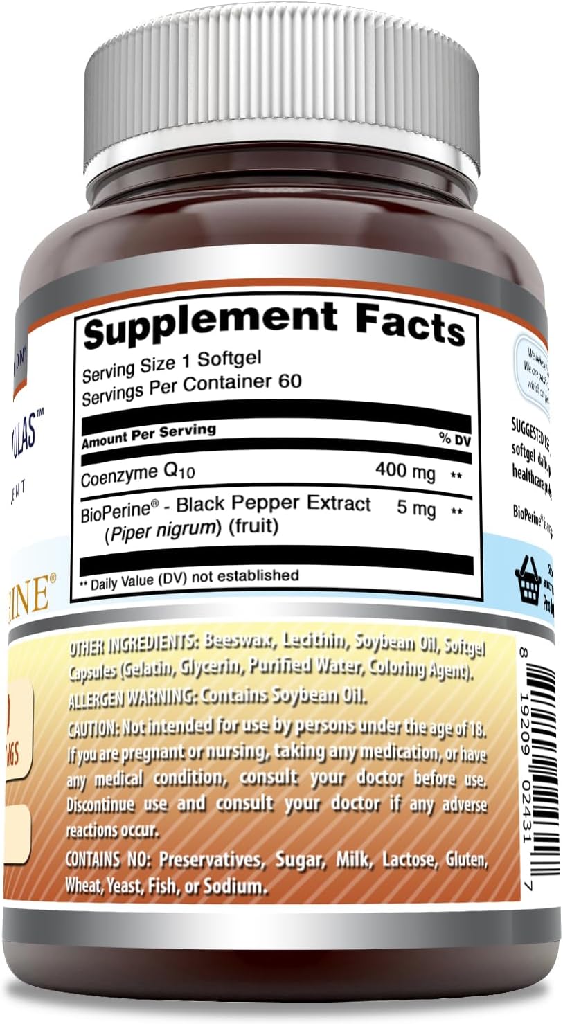 High-Quality CoQ10 with Bioperine Supplement - 400 Mg Per Serving - 60 Softgels - Non-GMO & Gluten Free - Made in USA by Amazing Nutrition