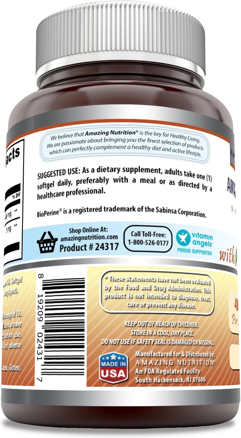 High-Quality CoQ10 with Bioperine Supplement - 400 Mg Per Serving - 60 Softgels - Non-GMO & Gluten Free - Made in USA by Amazing Nutrition