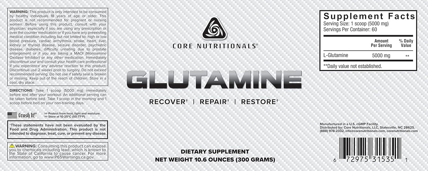 High-Quality Core Nutritionals Glutamine Supplement, Supports Muscle Growth and Immune System, 5000mg, 60 Servings