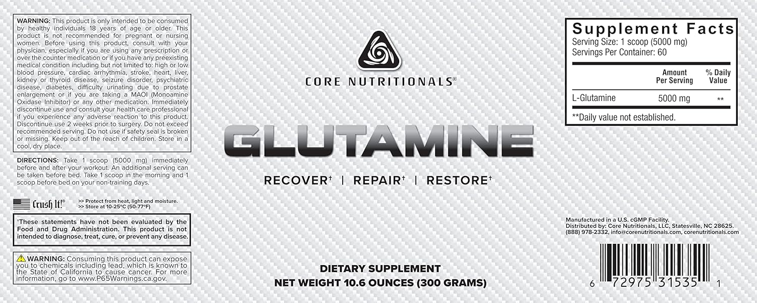 High-Quality Core Nutritionals Glutamine Supplement, Supports Muscle Growth and Immune System, 5000mg, 60 Servings