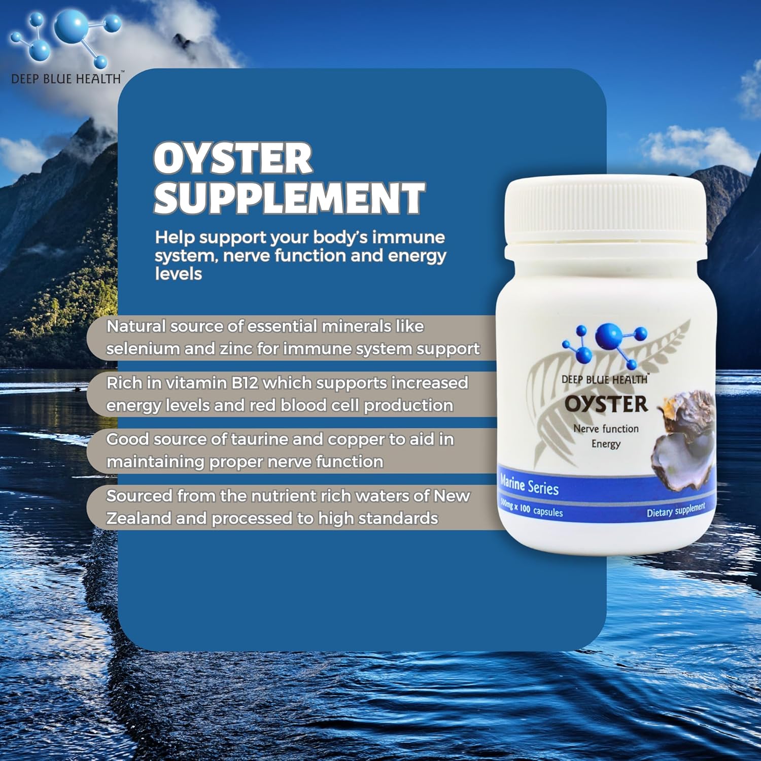High-Quality Deep Blue Health New Zealand Oyster Extract Powder Capsules for Immune and Nerve Function - 500mg x 100 Pills with Zinc for Men and Women
