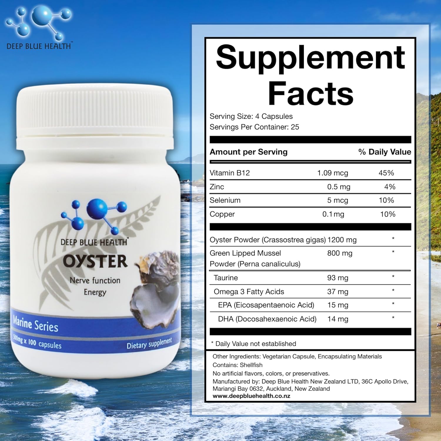 High-Quality Deep Blue Health New Zealand Oyster Extract Powder Capsules for Immune and Nerve Function - 500mg x 100 Pills with Zinc for Men and Women