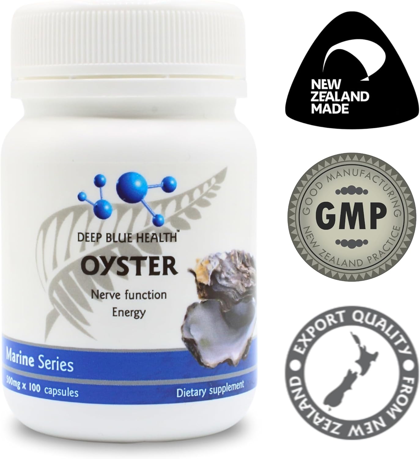 High-Quality Deep Blue Health New Zealand Oyster Extract Powder Capsules for Immune and Nerve Function - 500mg x 100 Pills with Zinc for Men and Women