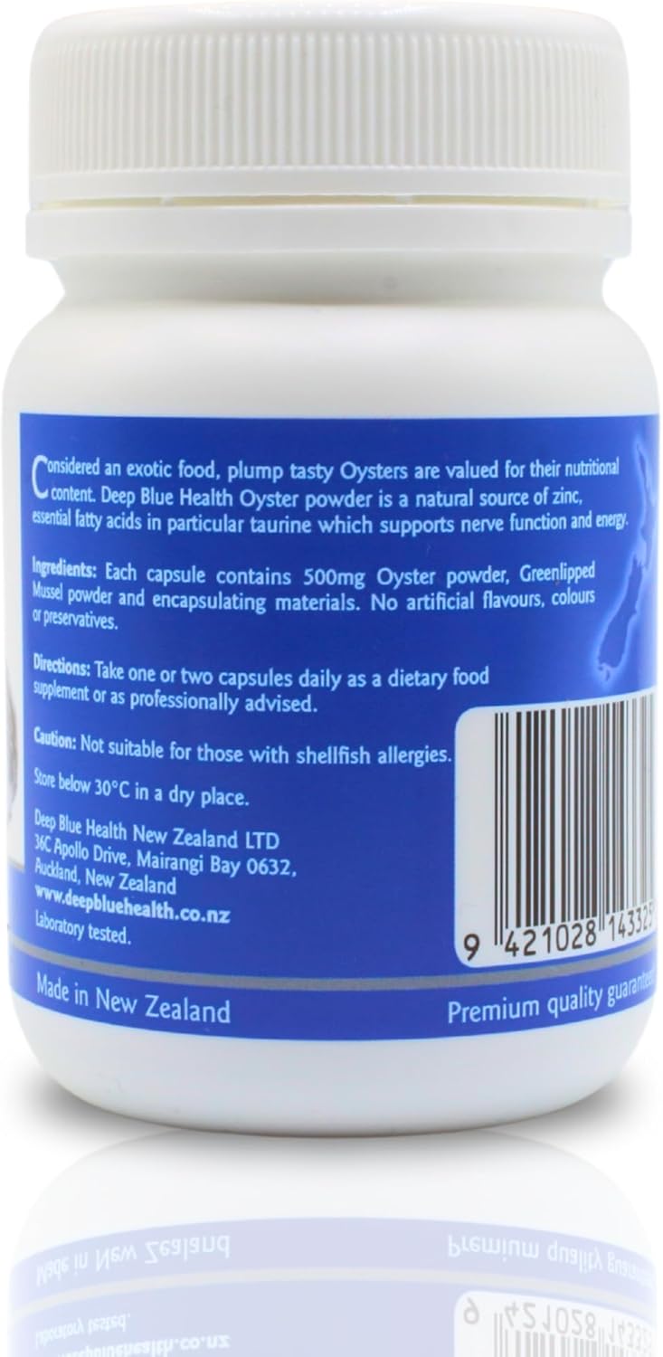 High-Quality Deep Blue Health New Zealand Oyster Extract Powder Capsules for Immune and Nerve Function - 500mg x 100 Pills with Zinc for Men and Women