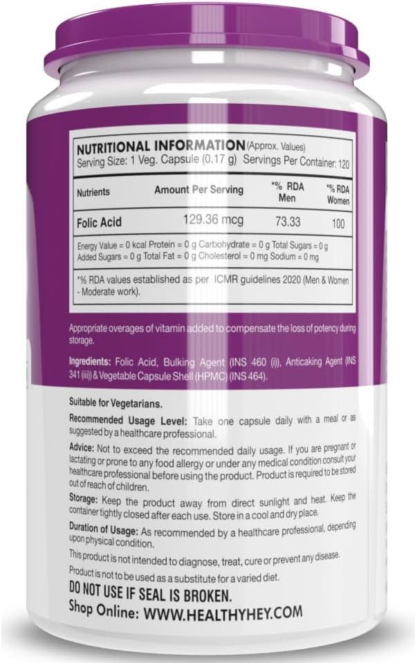 High-Quality Folic Acid Supplement - 120 Vegetarian Capsules