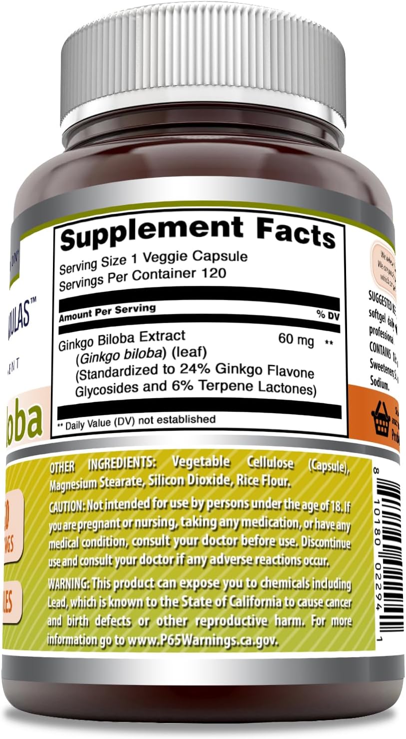 High-Quality Ginkgo Biloba 120 Mg Supplement | 120 Capsules | Standardized to 24% Ginkgo Flavone Glycosides | Non-GMO & Gluten Free | Made in USA