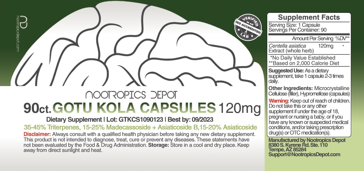 High-Quality Gotu Kola Extract Capsules | 120mg | 90 Count | Acid-Resistant | Centella asiatica | 35-45% Triterpenes | Promotes Memory & Stress Support
