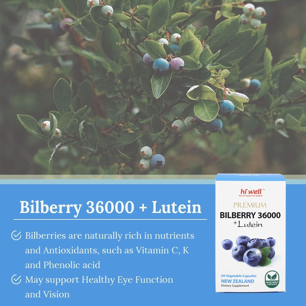 High Quality Hi Well Pure & Natural New Zealand Bilberry & Lutein Supplement - 60 Vegetarian Capsules