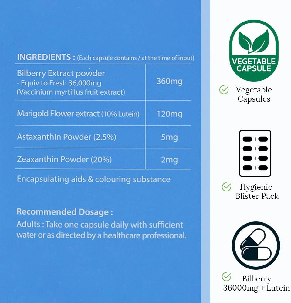 High Quality Hi Well Pure & Natural New Zealand Bilberry & Lutein Supplement - 60 Vegetarian Capsules