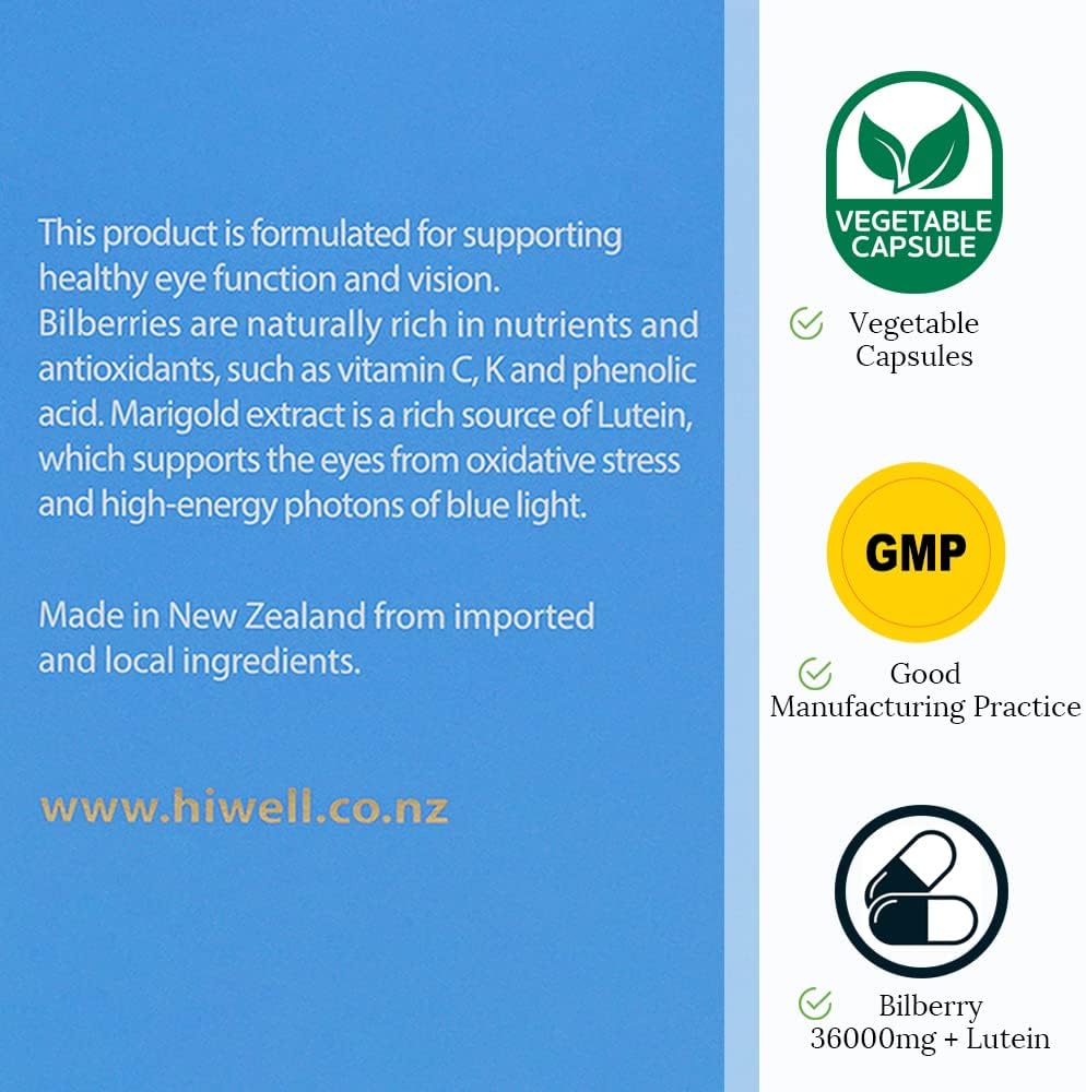 High Quality Hi Well Pure & Natural New Zealand Bilberry & Lutein Supplement - 60 Vegetarian Capsules