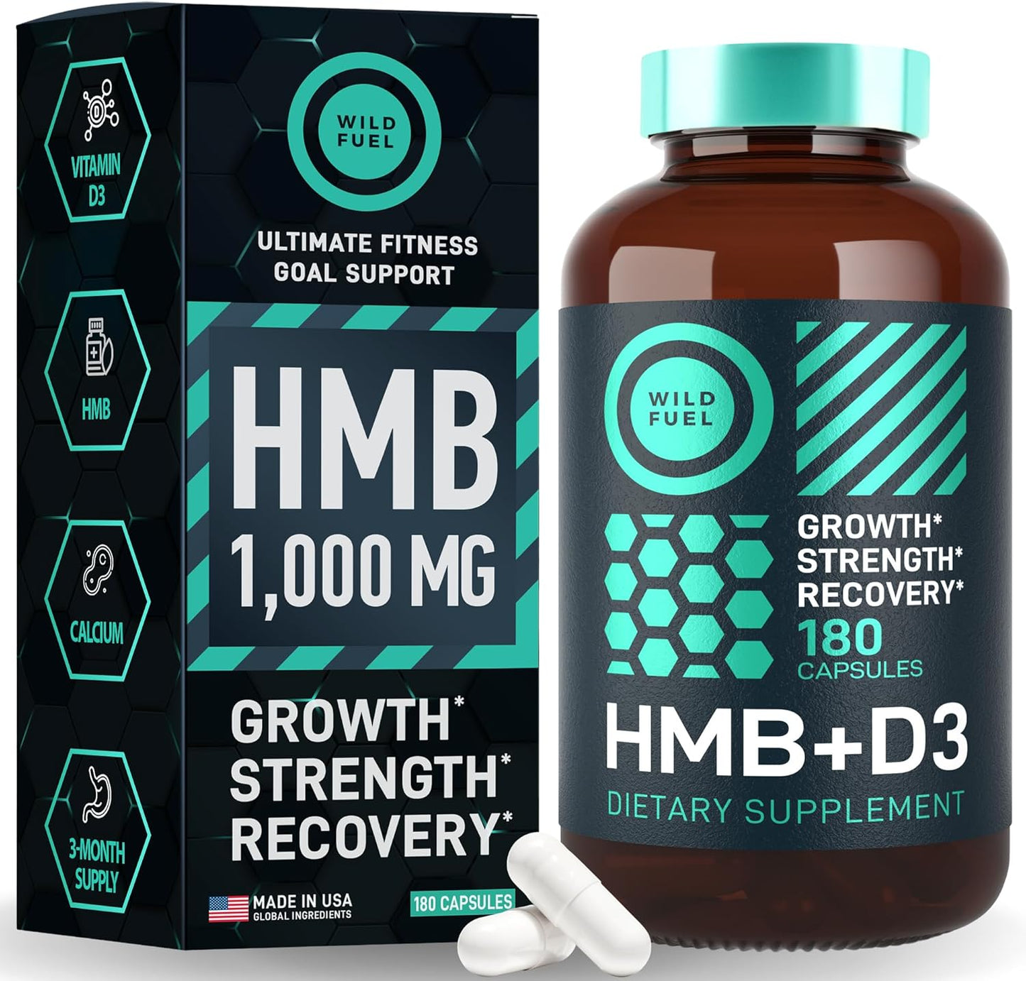 High-Quality HMB Supplements for Muscle Growth & Recovery - 3 Month Supply, 1,000 mg Calcium HMB per Serving - Men & Women - 180 Capsules - Vitamin D3 Included