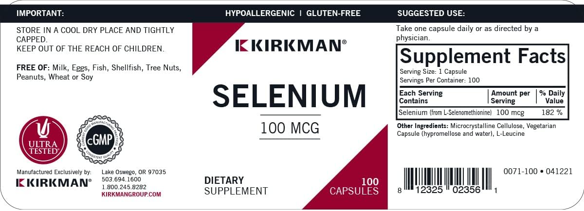 High-Quality Kirkman Selenium 100 mcg Capsules - Hypoallergenic - 100 Count