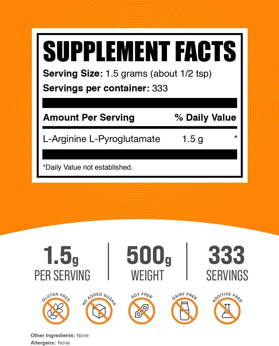 High Quality L-Arginine L-Pyroglutamate Powder - Nitric Oxide Boost, Gluten-Free Arginine Supplement - 1500mg per Serving, 500g (1.1 lbs)