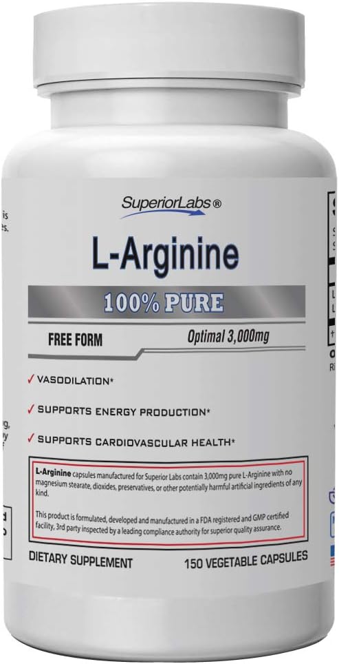 High-Quality L-Arginine Supplement - 3,000mg Dosage - 150 Veg Capsules - Supports Vasodilation, Energy, Cardio Health