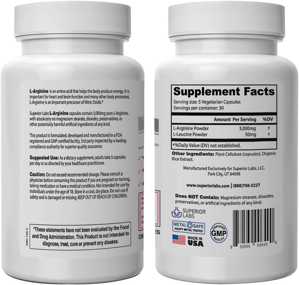 High-Quality L-Arginine Supplement - 3,000mg Dosage - 150 Veg Capsules - Supports Vasodilation, Energy, Cardio Health