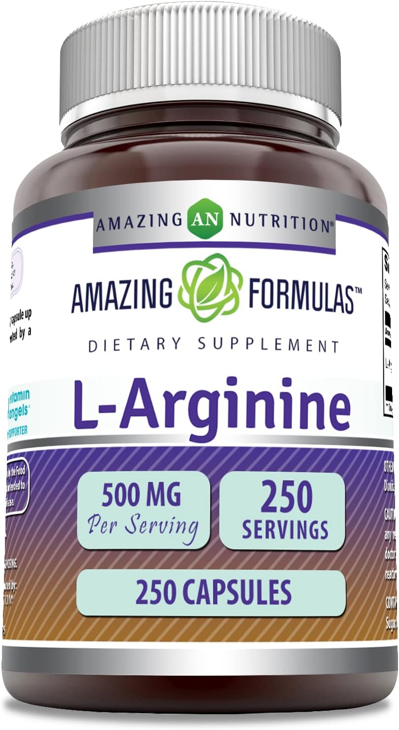 High-Quality L-Arginine Supplement 500mg | 250 Capsules | Amino Acid for Men & Women | Non-GMO & Gluten Free | Made in USA by Amazing Nutrition