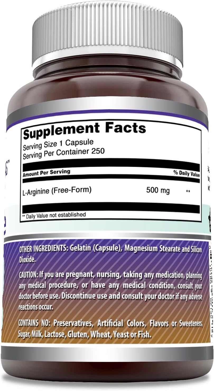 High-Quality L-Arginine Supplement 500mg | 250 Capsules | Amino Acid for Men & Women | Non-GMO & Gluten Free | Made in USA by Amazing Nutrition